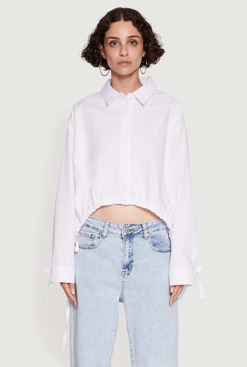 Womens Poplin Drawstring Hem Long Sleeve Shirt, White,