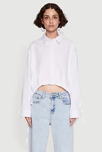 Womens Poplin Drawstring Hem Long Sleeve Shirt, White, Size L
