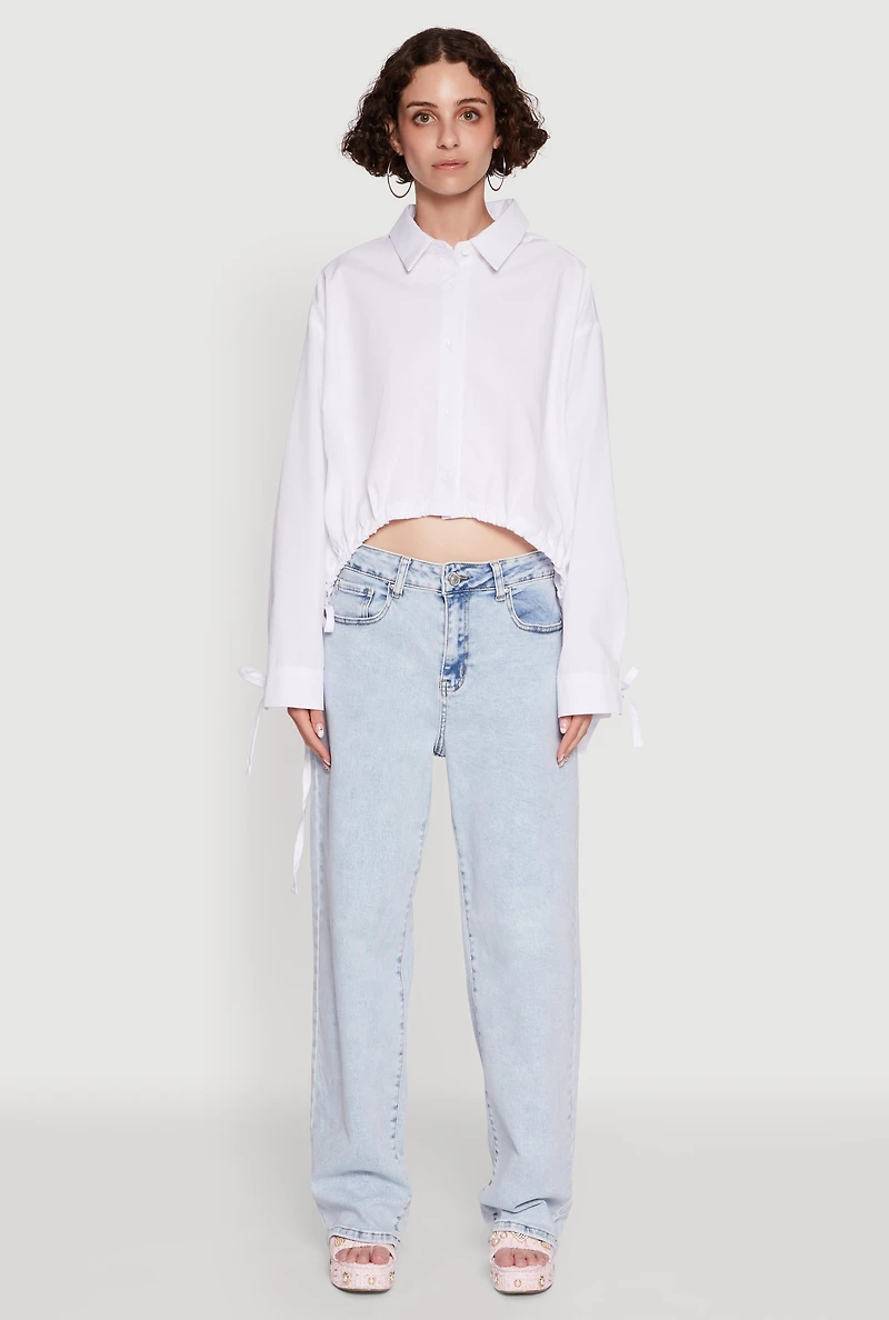 Womens Poplin Drawstring Hem Long Sleeve Shirt, White,