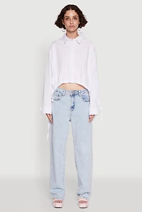 Womens Poplin Drawstring Hem Long Sleeve Shirt, White,