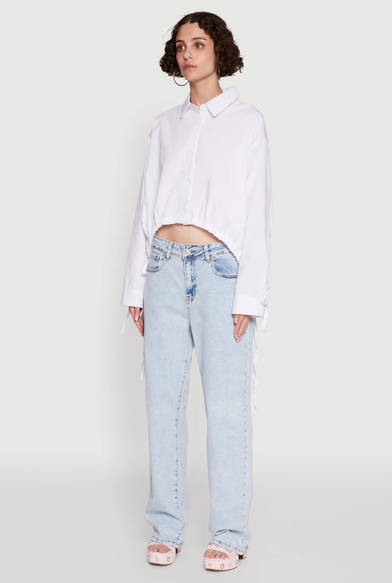Womens Poplin Drawstring Hem Long Sleeve Shirt, White, Size S