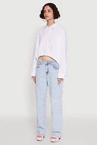 Womens Poplin Drawstring Hem Long Sleeve Shirt, White, Size S