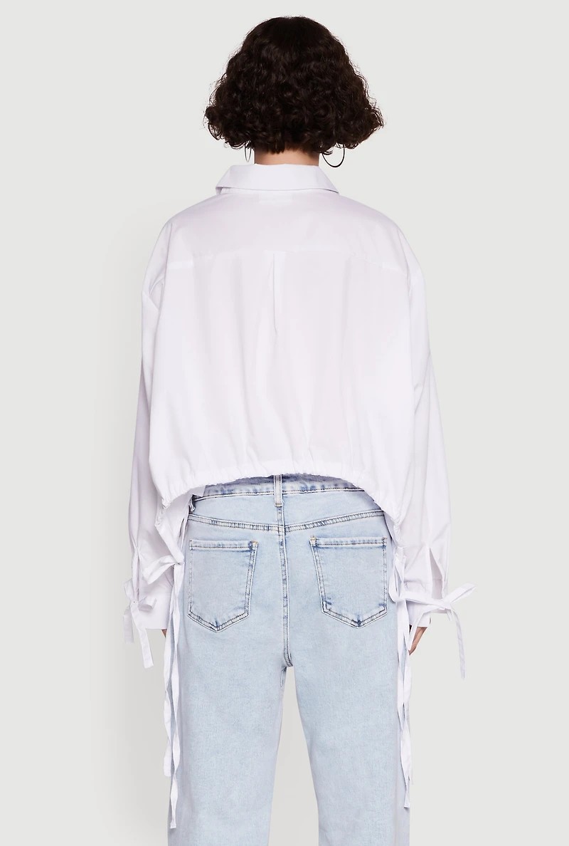Womens Poplin Drawstring Hem Long Sleeve Shirt, White,