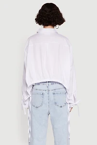 Womens Poplin Drawstring Hem Long Sleeve Shirt, White,
