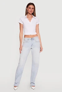 Solid Cropped Short Sleeve Polo Top