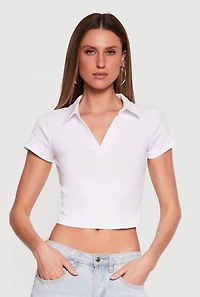Solid Cropped Short Sleeve Polo Top