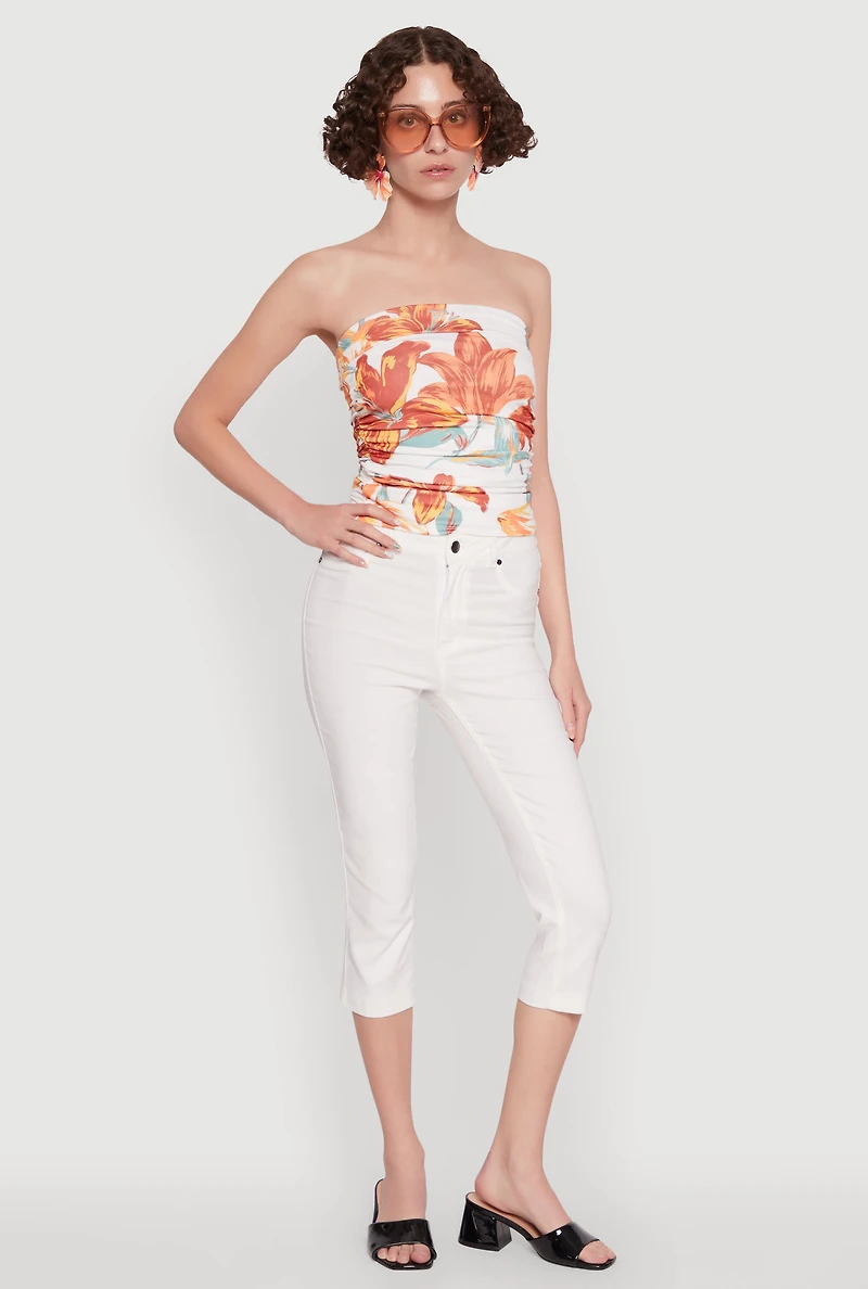 Womens Floral Print Ruched Tube Top, Multi, Size S