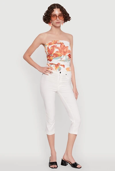 Womens Floral Print Ruched Tube Top, Multi, Size S