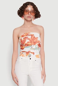 Womens Floral Print Ruched Tube Top, Multi,