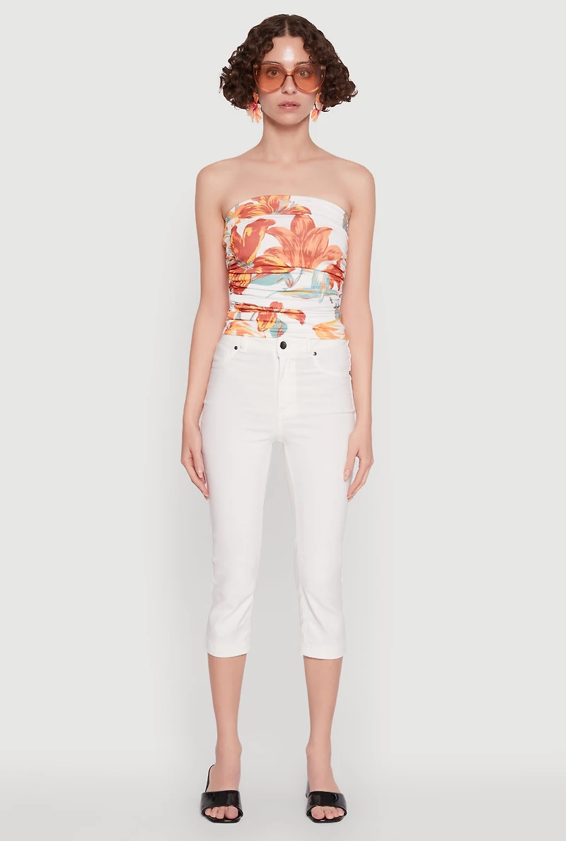 Womens Floral Print Ruched Tube Top, Multi, Size S