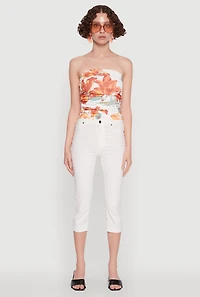 Womens Floral Print Ruched Tube Top, Multi, Size S