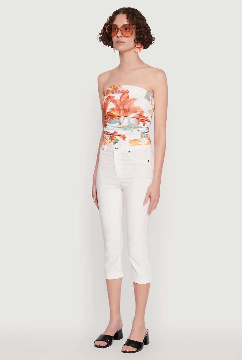 Womens Floral Print Ruched Tube Top, Multi, Size S