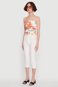 Womens Floral Print Ruched Tube Top, Multi, Size S