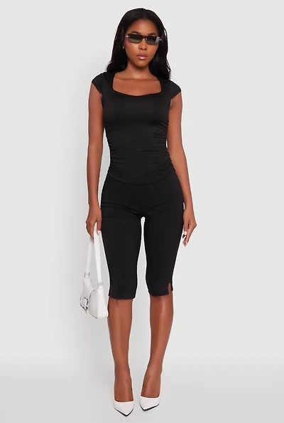 Womens Ruched Side Cap Sleeve Crop Top,