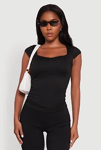 Womens Ruched Side Cap Sleeve Crop Top, Black,