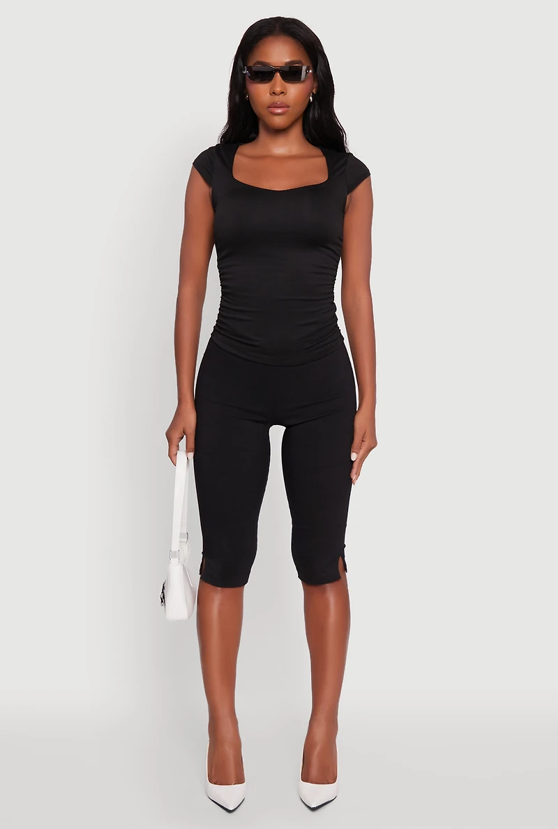 Womens Ruched Side Cap Sleeve Crop Top,