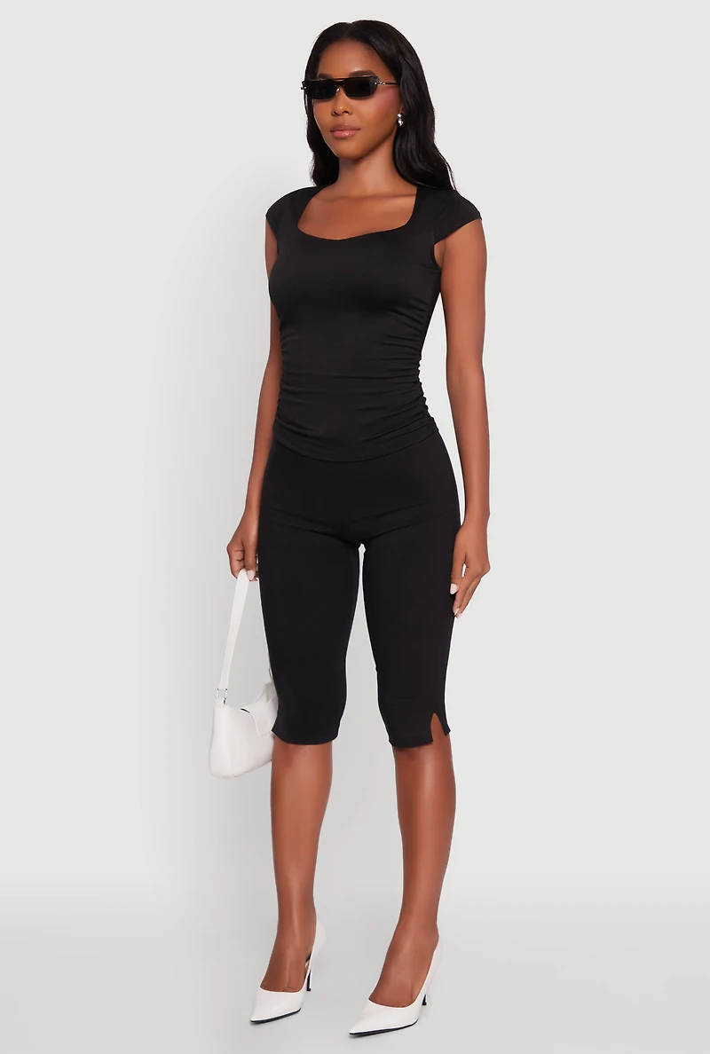 Womens Ruched Side Cap Sleeve Crop Top, Black,