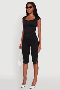 Womens Ruched Side Cap Sleeve Crop Top, Black,