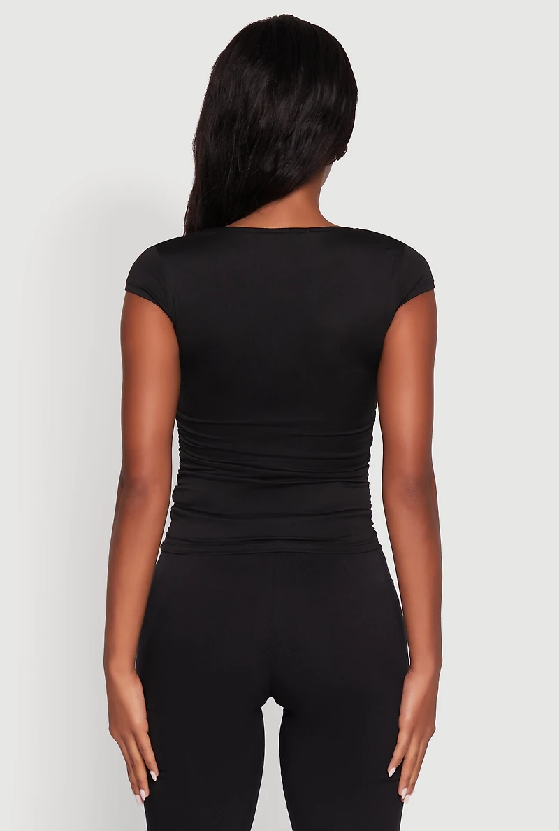 Womens Ruched Side Cap Sleeve Crop Top, Black,