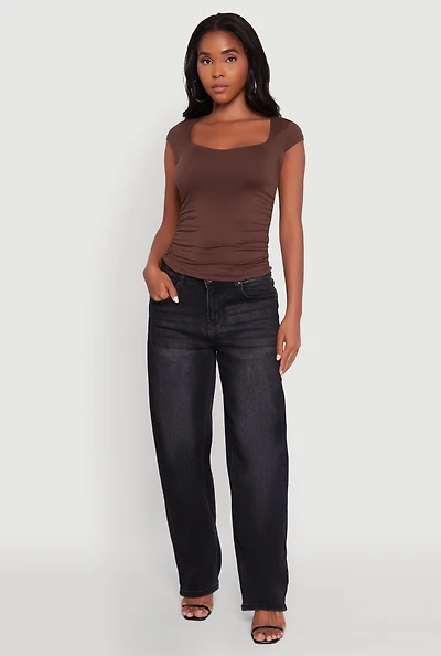 Womens Ruched Side Cap Sleeve Crop Top,