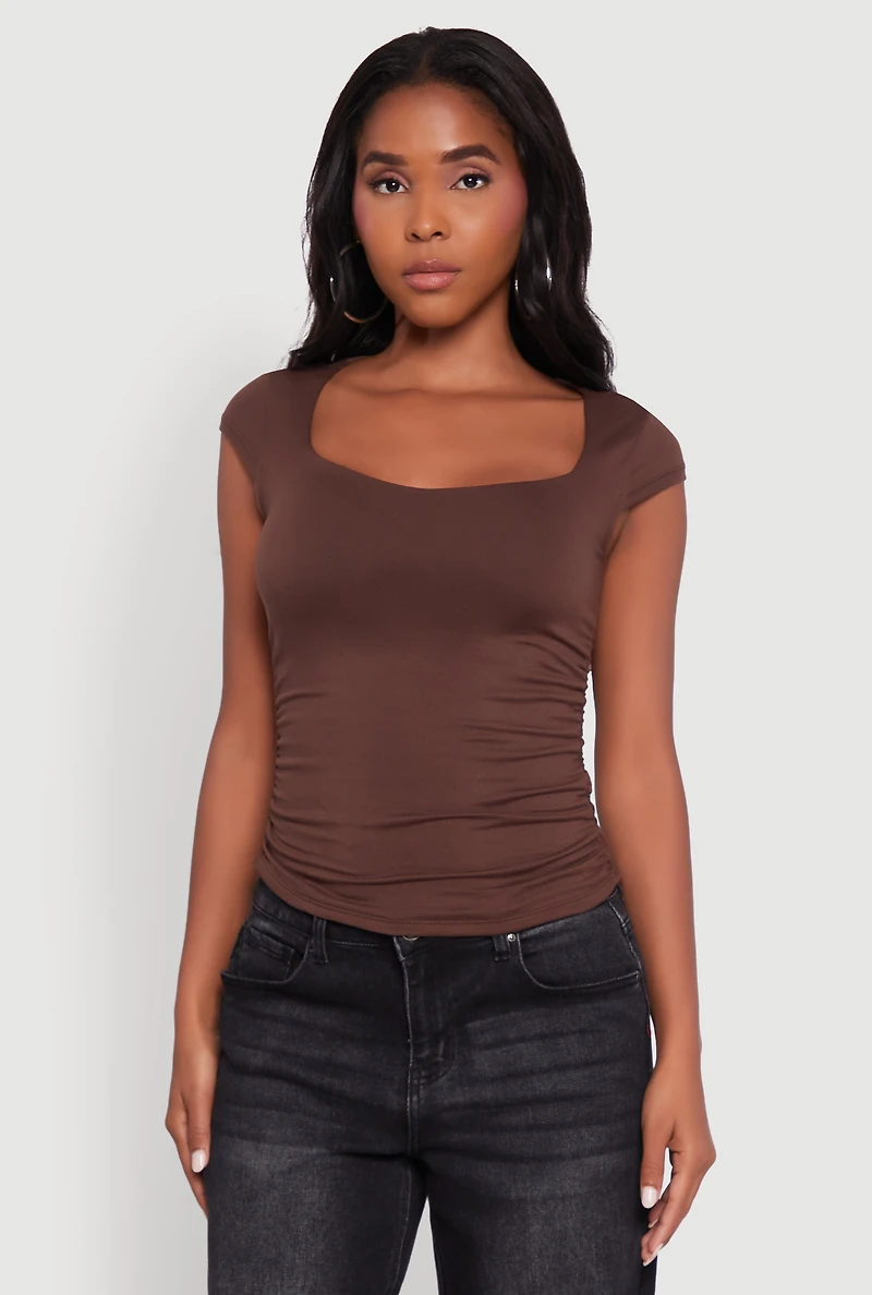Womens Ruched Side Cap Sleeve Crop Top, M