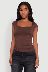 Womens Ruched Side Cap Sleeve Crop Top, M