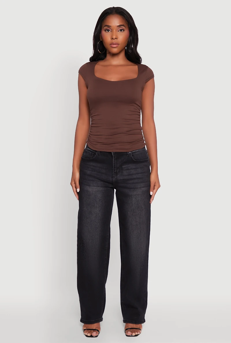 Womens Ruched Side Cap Sleeve Crop Top, M