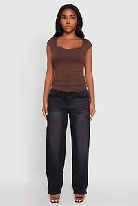 Womens Ruched Side Cap Sleeve Crop Top, M