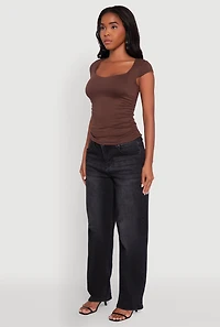 Womens Ruched Side Cap Sleeve Crop Top, M