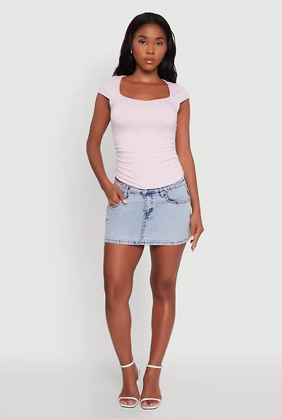 Womens Ruched Side Cap Sleeve Crop Top, Pink, Size S