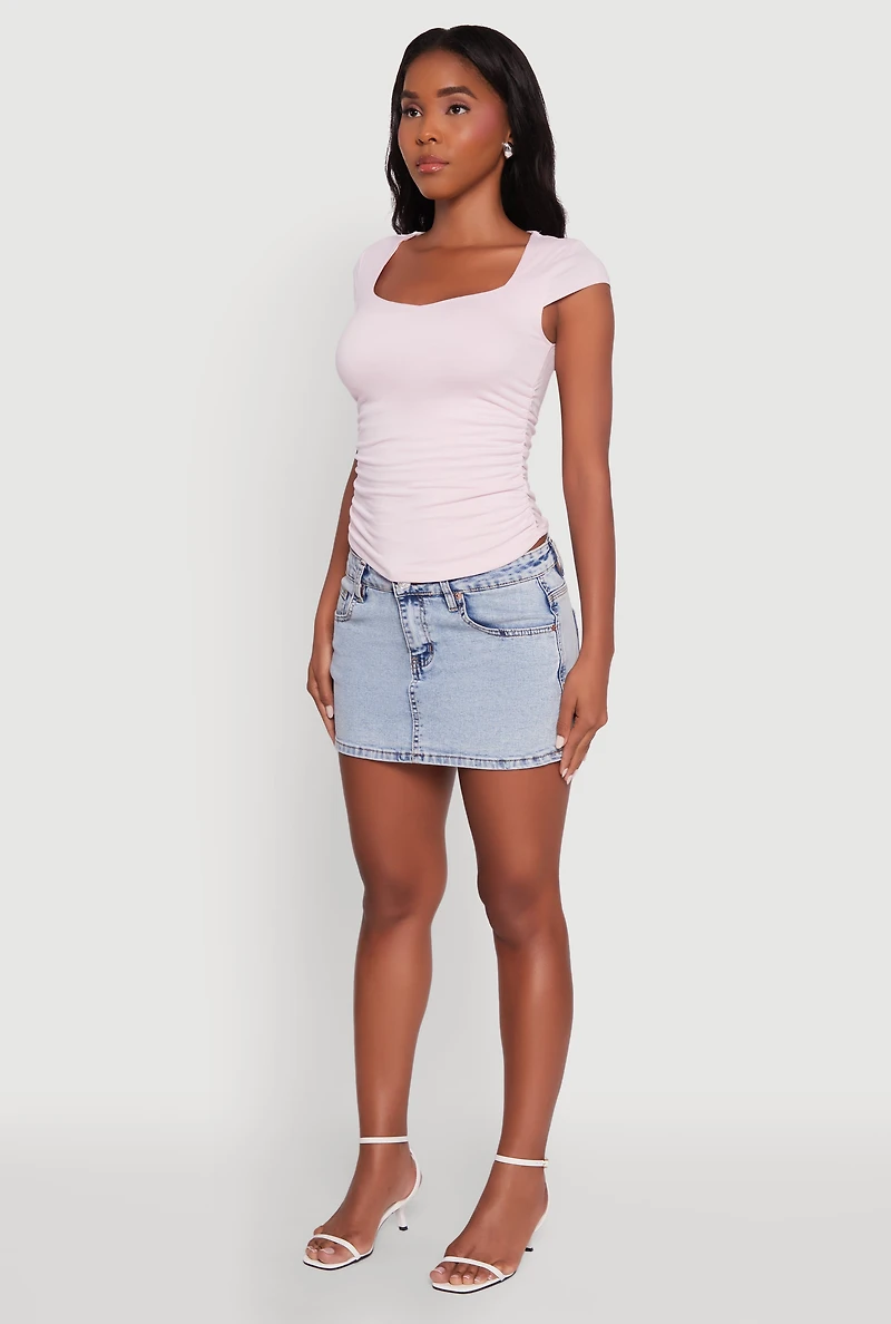 Womens Ruched Side Cap Sleeve Crop Top, Pink, Size S