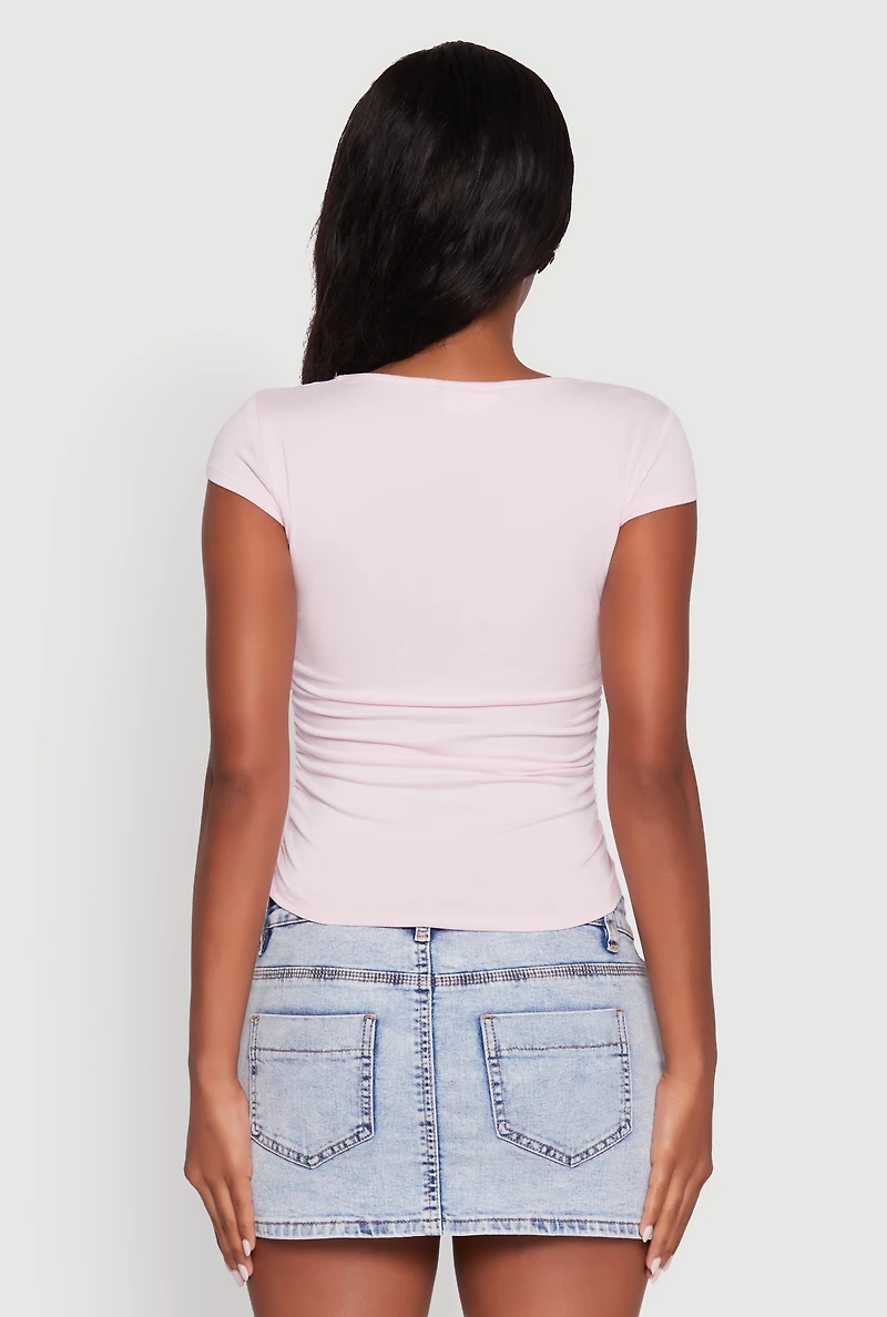 Womens Ruched Side Cap Sleeve Crop Top, Pink, Size S