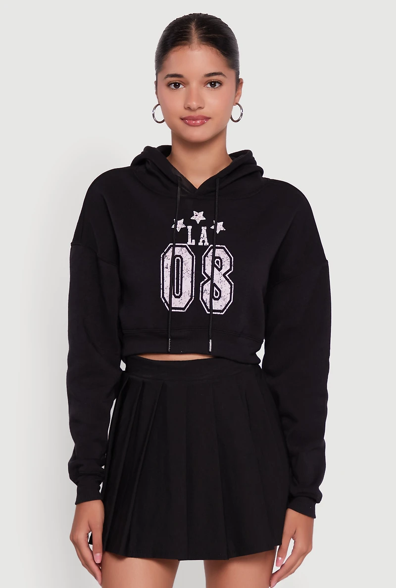 Womens Fleece Graphic Cropped Pullover Hoodie, Black, Size L