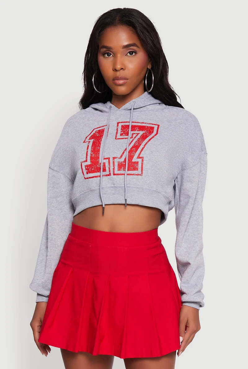 Womens Fleece Graphic Cropped Pullover Hoodie, Grey, Size L