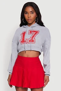 Womens Fleece Graphic Cropped Pullover Hoodie, Grey, Size L