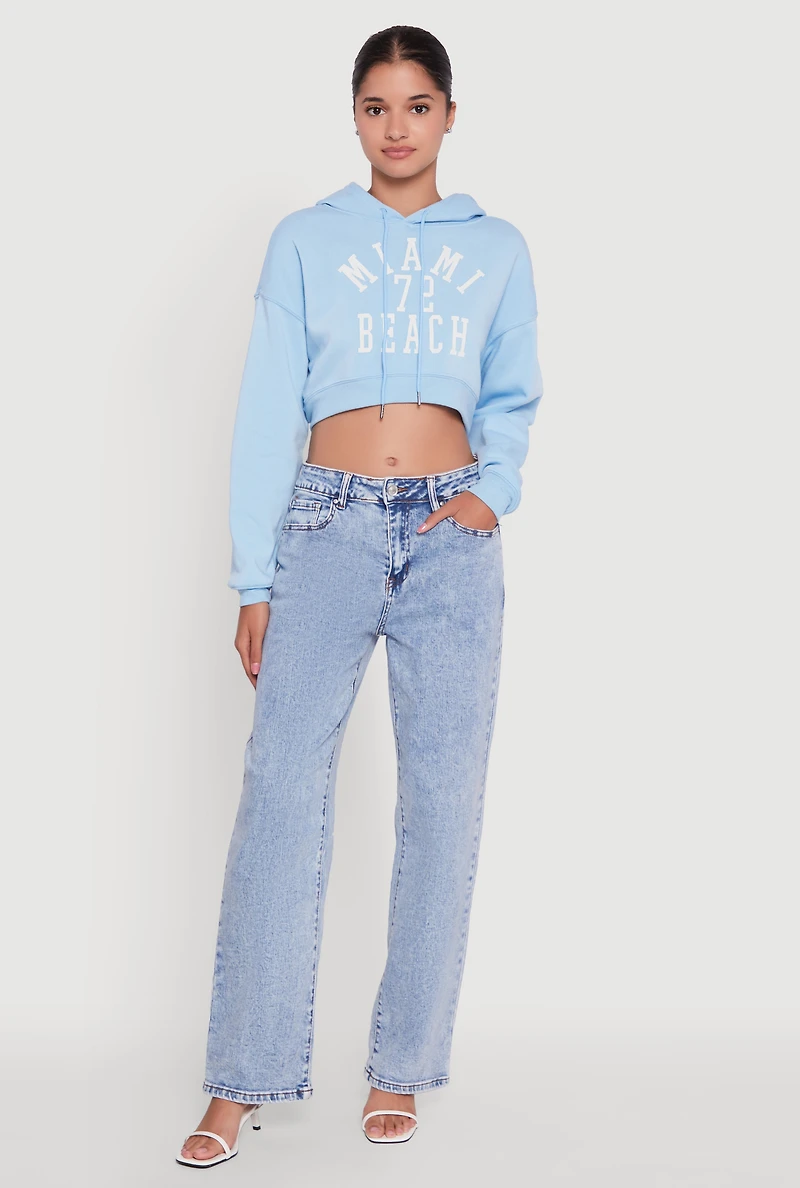 Womens Fleece Graphic Cropped Pullover Hoodie, Blue, Size L