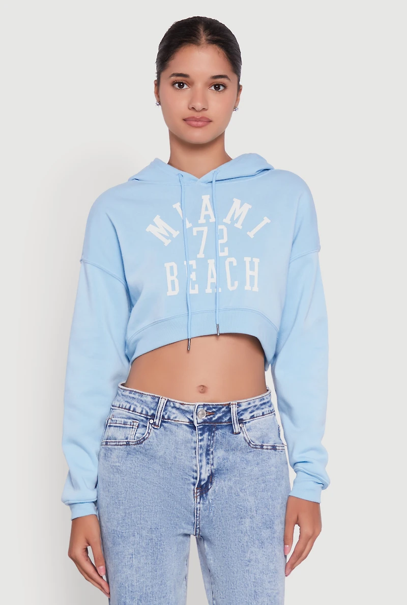 Womens Fleece Graphic Cropped Pullover Hoodie, Blue, Size L