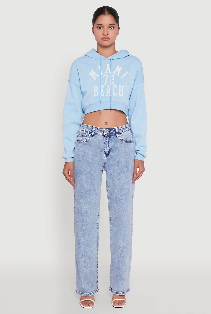 Womens Fleece Graphic Cropped Pullover Hoodie, Blue, Size L
