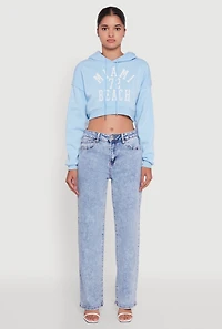 Womens Fleece Graphic Cropped Pullover Hoodie, Blue, Size L