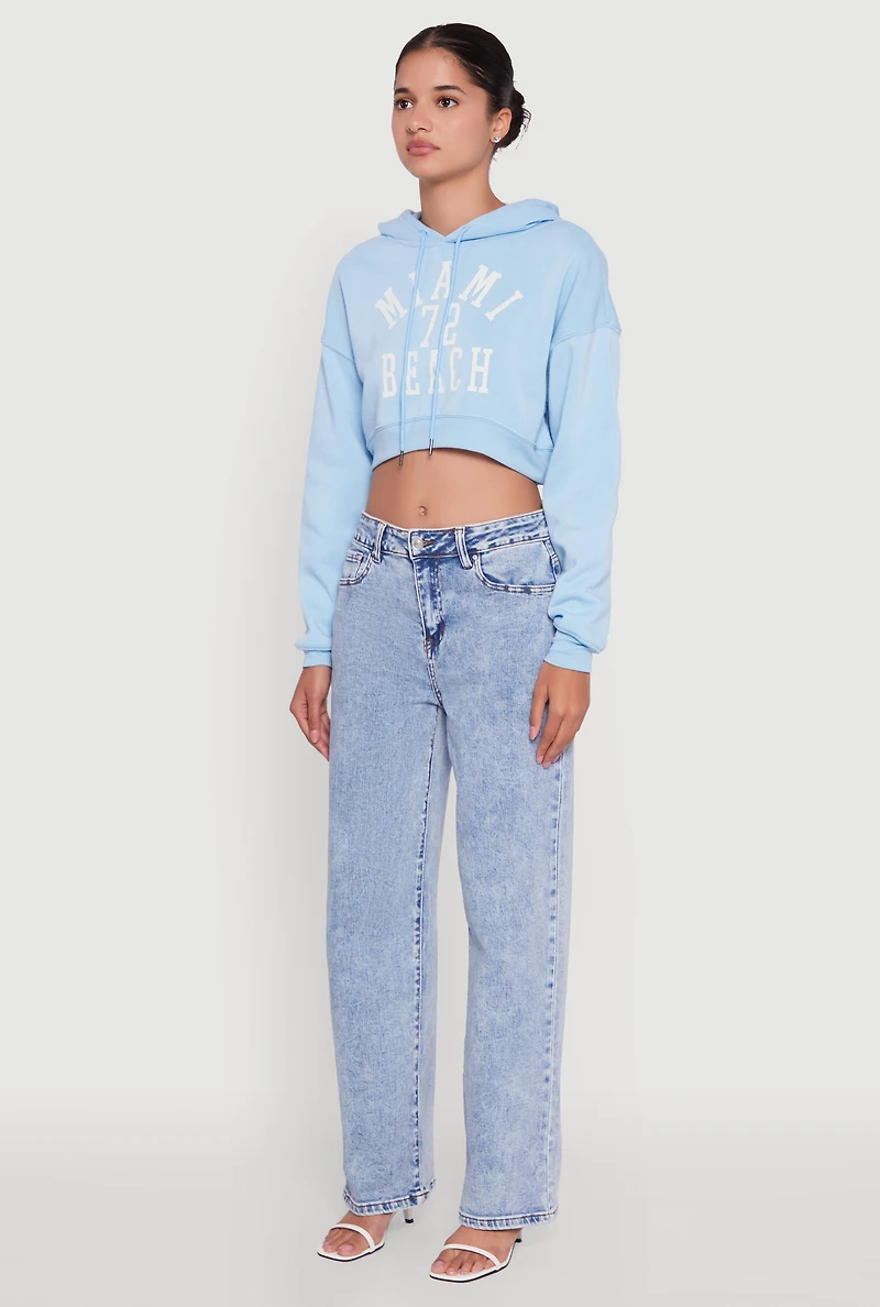Womens Fleece Graphic Cropped Pullover Hoodie, Blue, Size L