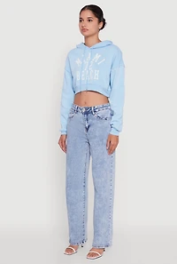 Womens Fleece Graphic Cropped Pullover Hoodie, Blue, Size L