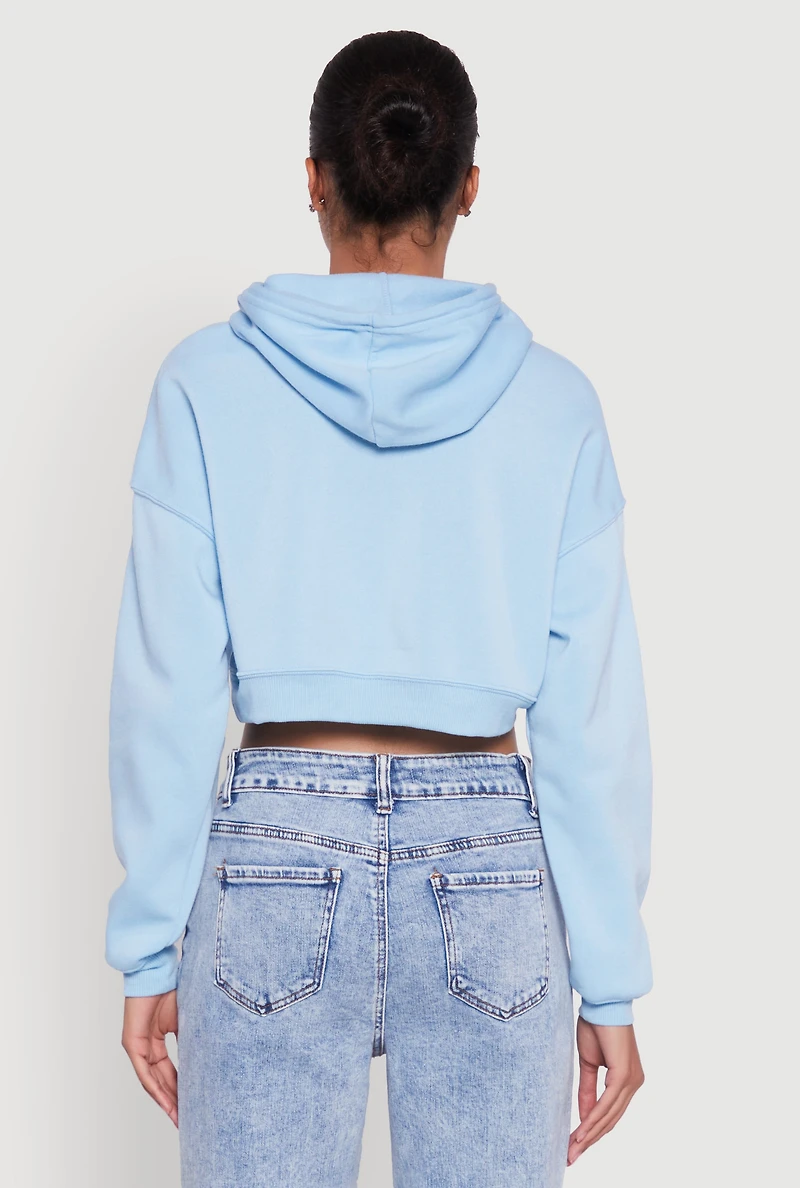 Womens Fleece Graphic Cropped Pullover Hoodie, Blue, Size S