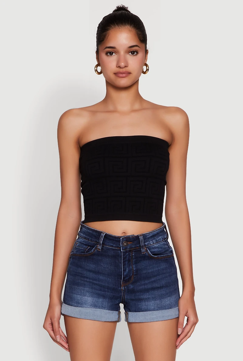 Womens Trendy Greek Key Rib Knit Cropped Tube Top, Black, Size M
