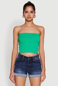 Womens Trendy Greek Key Rib Knit Cropped Tube Top, Green,