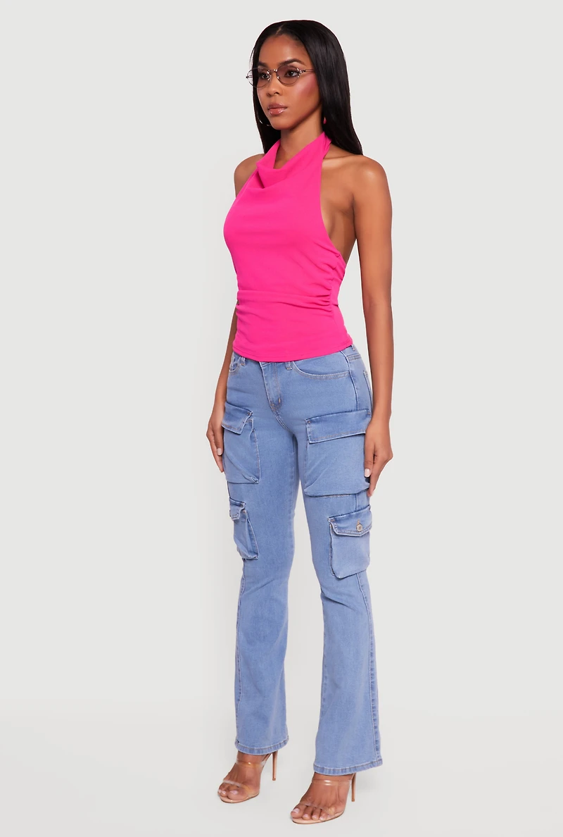 Cowl Neck Ruched Side Halter Top