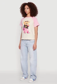 Womens Bear Graphic Raglan Tee, Multi, Size L
