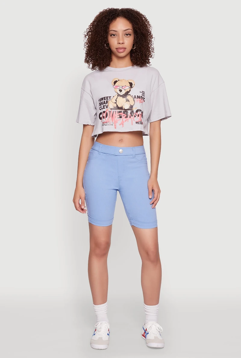 Womens Comeback Bear Graphic Cropped Tee, Grey, Size L