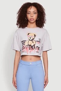 Womens Comeback Bear Graphic Cropped Tee, Grey, Size L