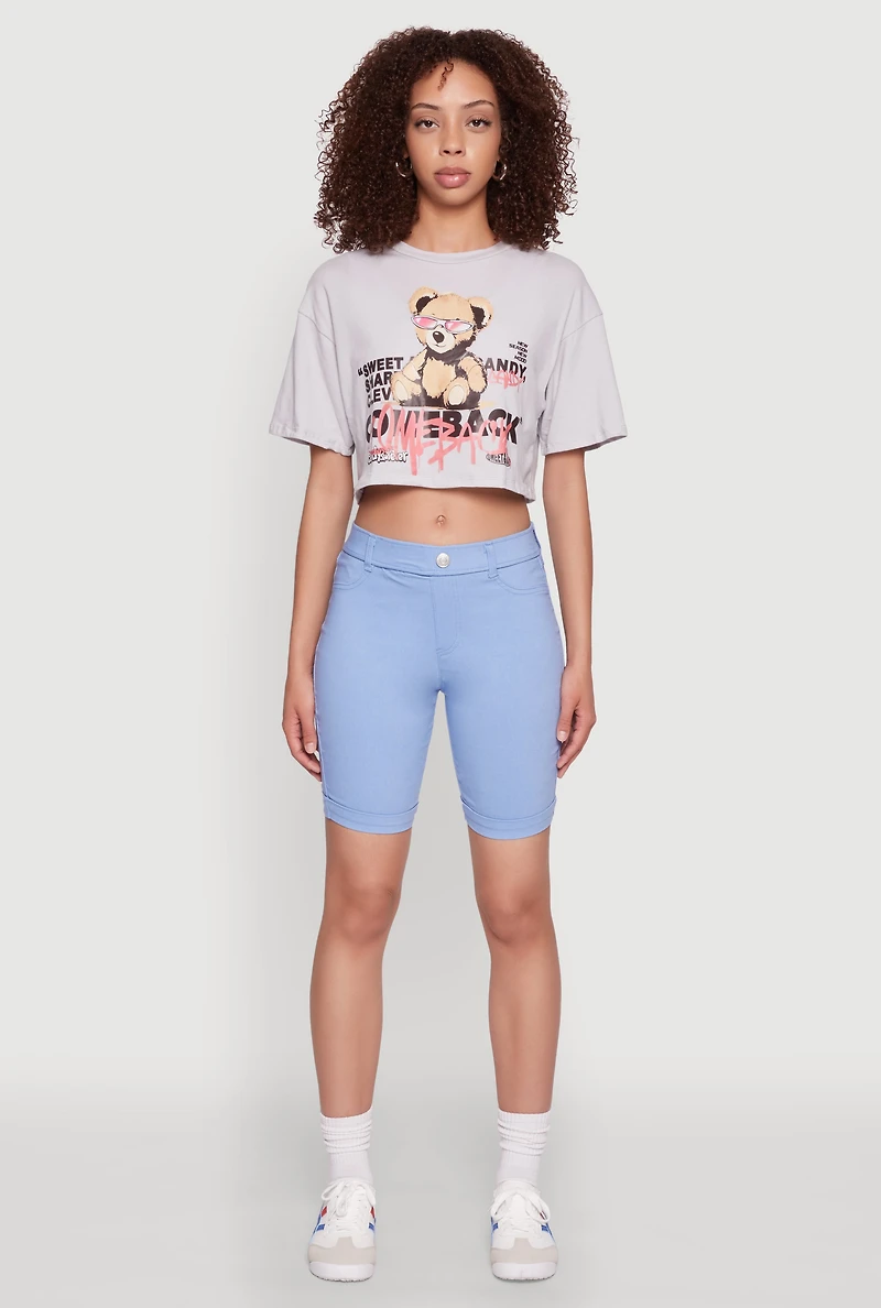 Womens Comeback Bear Graphic Cropped Tee, Grey,