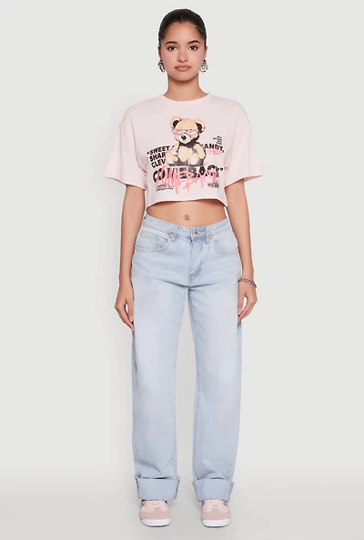 Womens Comeback Bear Graphic Cropped Tee, Pink, Size M